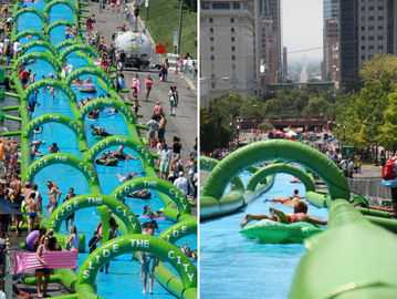 Реклама Пвк смешных водных горок зеленого цвета 300м длиной гигантских раздувных прочная