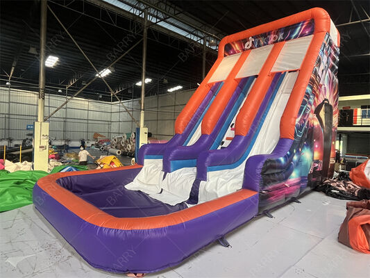 Коммерческий класс двойной полосы надувная горка с бассейном, Тренди Неон / TikTok Тематический сухой / влажный горка для вечеринок Аренда и мероприятия Система игры для детей
