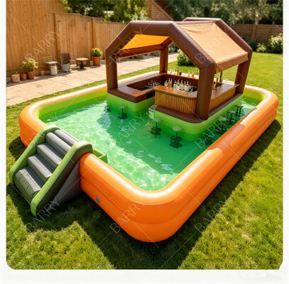 Ultimate Water Party Station на заднем дворе Надувной плавающий бар у бассейна с горкой и навесом