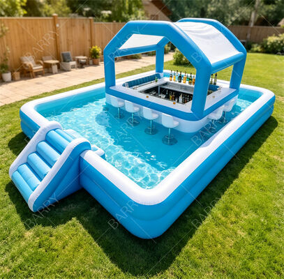 Ultimate Water Party Station на заднем дворе Надувной плавающий бар у бассейна с горкой и навесом