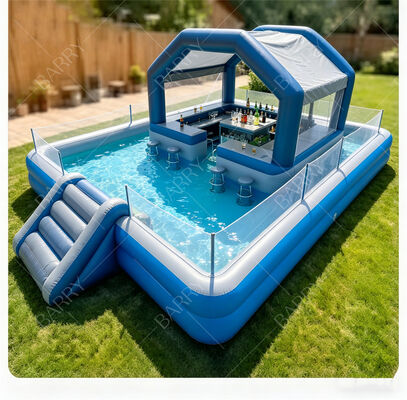 Ultimate Water Party Station на заднем дворе Надувной плавающий бар у бассейна с горкой и навесом