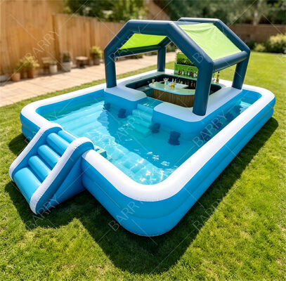 Ultimate Water Party Station на заднем дворе Надувной плавающий бар у бассейна с горкой и навесом