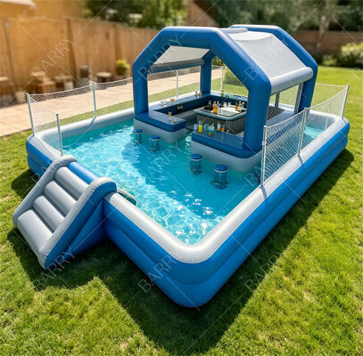 Ultimate Water Party Station на заднем дворе Надувной плавающий бар у бассейна с горкой и навесом