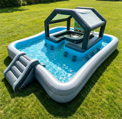 Ultimate Water Party Station на заднем дворе Надувной плавающий бар у бассейна с горкой и навесом