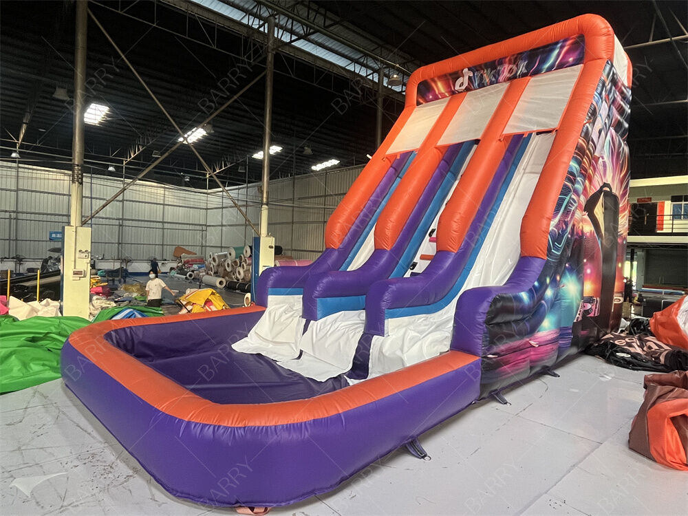 Коммерческий класс двойной полосы надувная горка с бассейном, Тренди Неон / TikTok Тематический сухой / влажный горка для вечеринок Аренда и мероприятия Система игры для детей